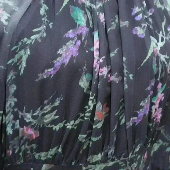 Floral Maxi Dress Black Pleated Skirt Long Tie Sleeve Size Medium - Picture 6 of 10